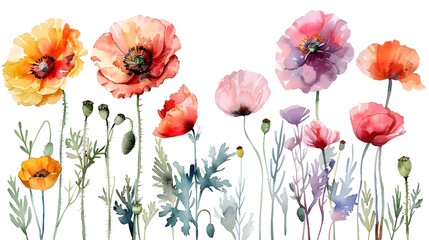 Fototapeta premium Vibrant Watercolor Floral Arrangement with Poppies and Blossoms