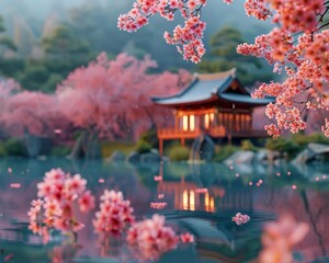 A tranquil Japanese garden during cherry blossom season, featuring a traditional tea house surrounded by scattered blossoms