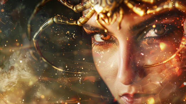Woman in the image of a zodiac sign Scorpion on blurred background