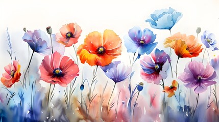 Vibrant Watercolor Floral Field Painting with Lush Blooming Poppies Daisies and Lavender