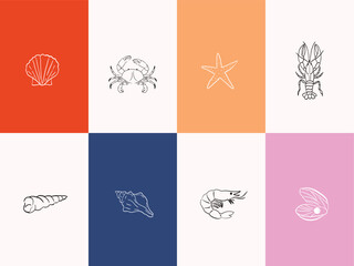 Minimalist Dolce Vita Sea life line art sketch vector illustration set. Clipart for T-shirt design, greeting cards, wedding invitations, poster, postcards, branding and logo design.