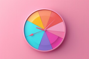 Obraz premium Colorful clock on pink background with arrow pointing to center of circle for business and fashion themes