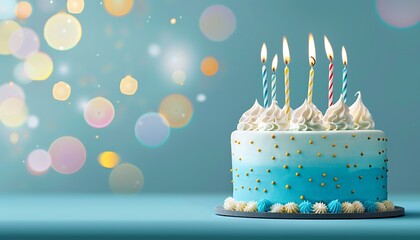 Blue birthday cake with yellow birthday candles on a blue background