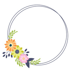 Simple floral design elements, frames, labels in flat cartoon style. 