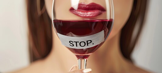 No alcohol. "STOP". glass of wine in hand. his mouth is taped shut with gray tape. the tape says stop. light bright photo. on a white background. beautiful girl