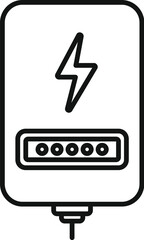 Simplified black and white line drawing of a portable power bank with a lightning bolt symbol
