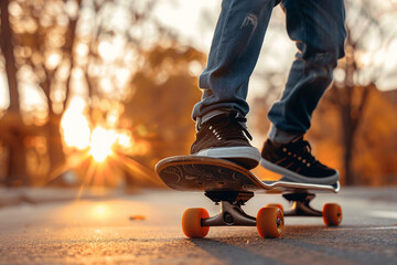 Close up image of a teenager practicing skateboard tricks at a skate park generative ai
