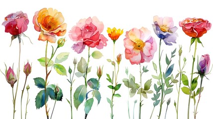 Vibrant Watercolor Painting of Assorted Summer Flowers on White Background