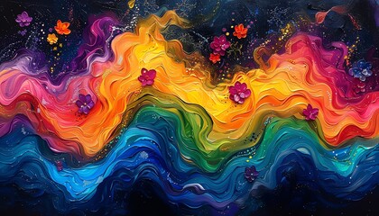 Abstract colorful waves with flowers and stars, painted in a surreal style.
