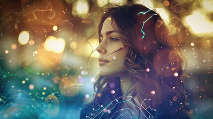 Woman in the image of a zodiac sign Virgo on blurred background