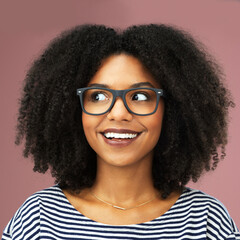 Glasses, thinking and happy black woman with idea, vision or planning isolated on pink studio...