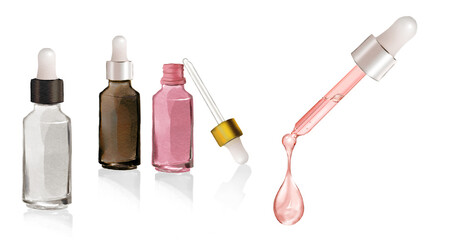 dropper beauty Packaging glass water drop skin care Hand drawn illustration on a transparent background
