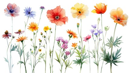 Fototapeta premium Vibrant Watercolor Painting of Whimsical Summer Flowers Blooming on a Pristine White Background