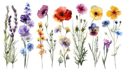 Vibrant Watercolor Paintings of Blooming Summer Wildflowers on a White Background