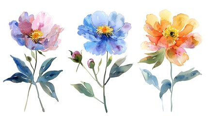 Vibrant Watercolor Paintings of Captivating Summer Flowers Against a Pristine White Background