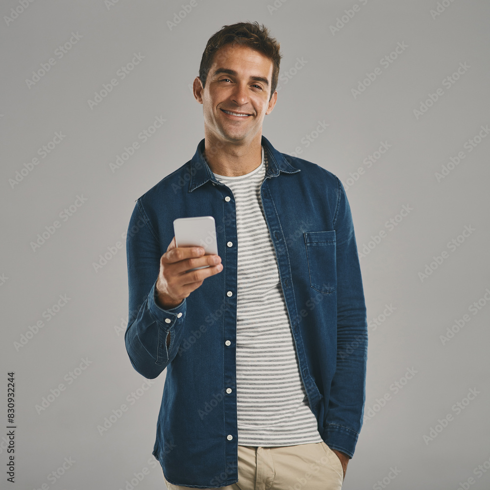 Poster studio, man and portrait with phone for laugh, funny news and comedy with contact by mockup. creativ