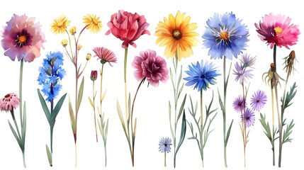 Vibrant Watercolor Paintings of Diverse Summer Flowers Blooming on a White Background