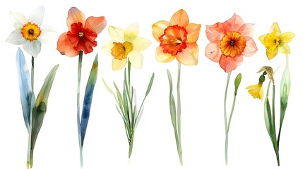 Fototapeta premium Vibrant Watercolor Paintings of Diverse Summer Flowers in Bloom on White Background