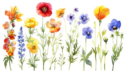 Vibrant Watercolor Paintings of Diverse Summer Flowers on Isolated White Background
