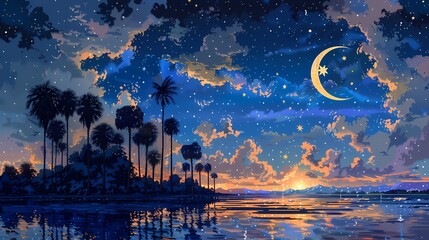 Retro purple night sky island moon stars poster background