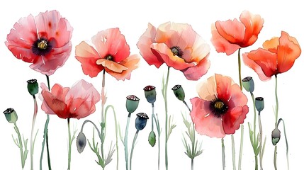 Fototapeta premium Vibrant Watercolor Paintings of Red and Peach Poppies on a White Background