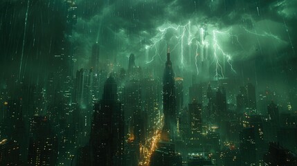 A powerful thunderstorm over a city skyline at night, with skyscrapers illuminated by frequent lightning strikes and heavy rain pouring down
