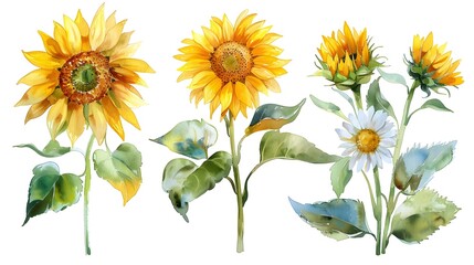 Fototapeta premium Vibrant Watercolor Paintings of Sunflowers on Wet White Background Isolated and Showcasing Their Natural Beauty and Seasonal Appeal