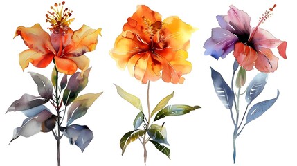 Vibrant Watercolor Paintings of Tropical Flowering Plants on Isolated White Background