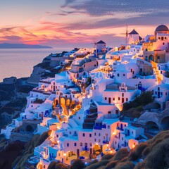 Phhtograph of the blue white and turquoise buildings in santorini, in the style of subtle lighting contrasts, earth tone color palette, light purple and dark amber, enchanting light, generated with AI