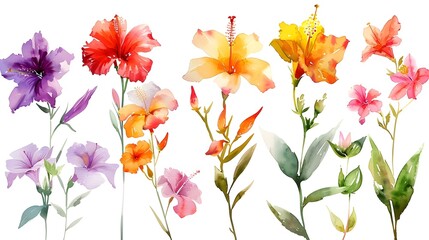 Vibrant Watercolor Paintings of Tropical Summer Flowers Against White Background