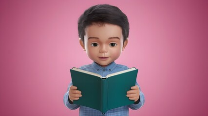 3d cute young boy reading a book.