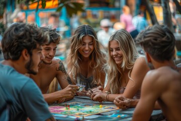 Fototapeta premium Young diverse people playing board game at park