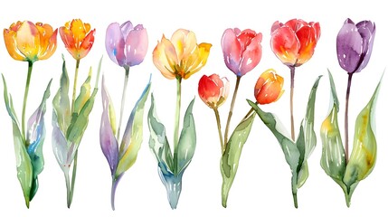 Vibrant Watercolor Tulip Bouquet on White Background