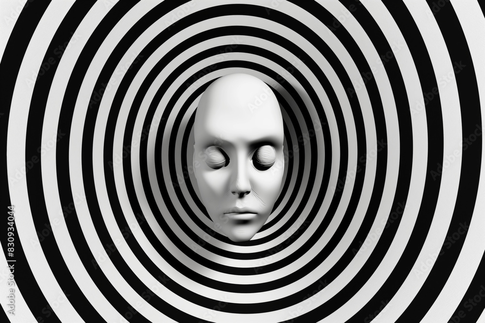 Poster a womans head is positioned in the center of a black and white spiral, creating a mesmerizing and hy