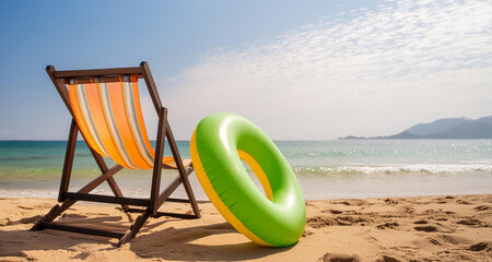 Fototapeta premium Concepto de vacaciones de verano en la playa. Una silla y un flotador inflable en la arena de la playa con el telón de fondo del mar y el cielo azul