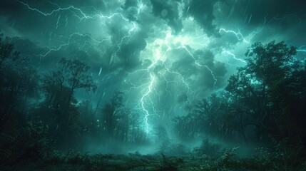 A serene forest scene disrupted by an intense thunderstorm, with lightning flashing through the trees and rain creating a misty atmosphere