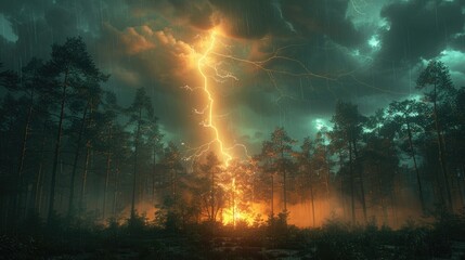 Fototapeta premium A serene forest scene disrupted by an intense thunderstorm, with lightning flashing through the trees and rain creating a misty atmosphere