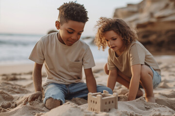 Kids building a sandcastle on the beach at sunset, enjoying a peaceful and sunny day.