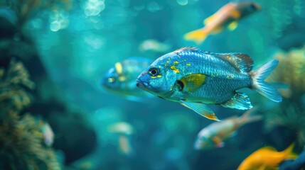 Naklejka premium Fish swimming in blue and green hues set against a backdrop