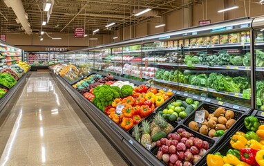 The image shows a clean and elegant supermarket interior, well-organized and brightly lit. The produce section is at the forefront, featuring neatly arranged displays of fresh veget, generated with AI