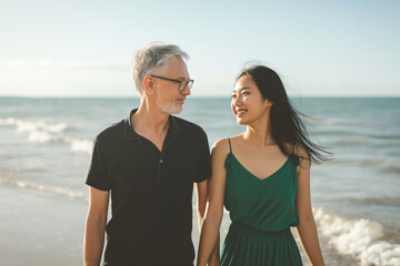 Elderly man and young woman walking on a beach, smiling, enjoying a pleasant summer day together