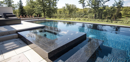 A pool with a sleek, black granite finish and infinity edge design