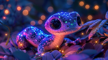 Chibi Big-Eyed Lizard in Lush Rainbow Forest Setting