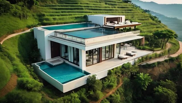 Small house and tiny pool villa located on the hill in sunny day bird eye view magazine style