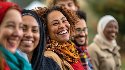 A group of diverse people are standing together and smiling. They are all wearing different clothes and have different hairstyles. The background is blurred.