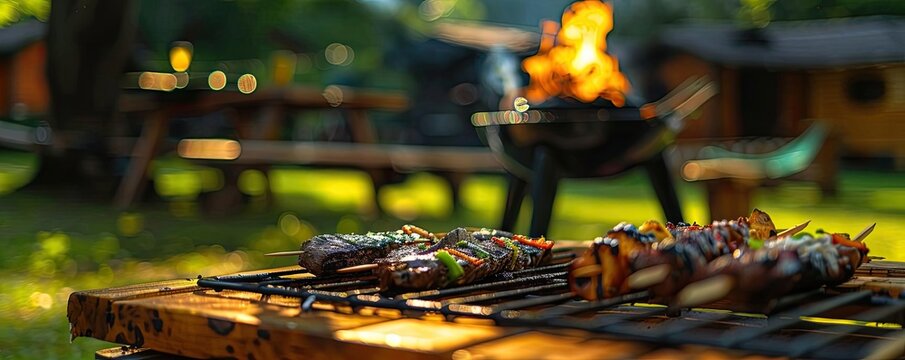 Close-up of delicious grilled skewers cooking on an outdoor barbeque with a cozy campfire in the background.