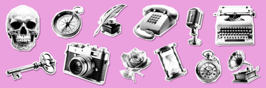 grunge retro halftone objects. Vintage microphone, Classic camera, Typewriter, Gramophone/record player, Telephone (rotary or vintage style), Hourglass, Quill pen and ink bottle, Compass, Pocket watch