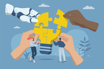 Teamwork with AI, Collaboration of personnel with artificial intelligence, New innovation development, Big hands work with robots to complete light bulb jigsaw puzzles. Vector design illustration.