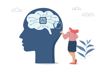 Accurate analysis of data or facts from artificial intelligence, Humans analyze data generated by AI. Businesswoman uses a magnifying glass to look at the complex circuitry in a robot brain, Vector.