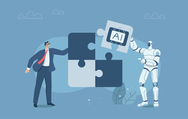 Naklejka premium Businessman build a jigsaw puzzle together with a robot, Collaboration of personnel with artificial intelligence, Teamwork with AI, Development of innovation and new technology, Vector illustration.